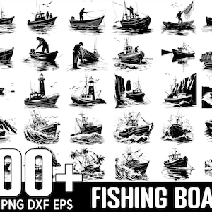 Op de afbeelding: Een verzameling van meer dan 100 zwart-wit silhouet illustraties van vissersboten. De boten zijn in verschillende stijlen en maten, sommige met netten, sommige met mensen aan boord en sommige met golven. De tekst "100+ FISHING BOAT SVG PNG DXF EPS" staat onderaan de afbeelding.