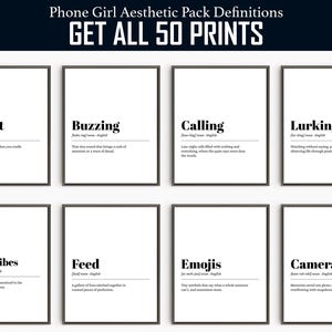 May include: A collection of eight framed prints with black frames and white backgrounds. Each print features a word and definition, including "Gadget," "Buzzing," "Calling," "Lurking," "Silent Vibes," "Feed," "Emojis," and "Camera Roll."