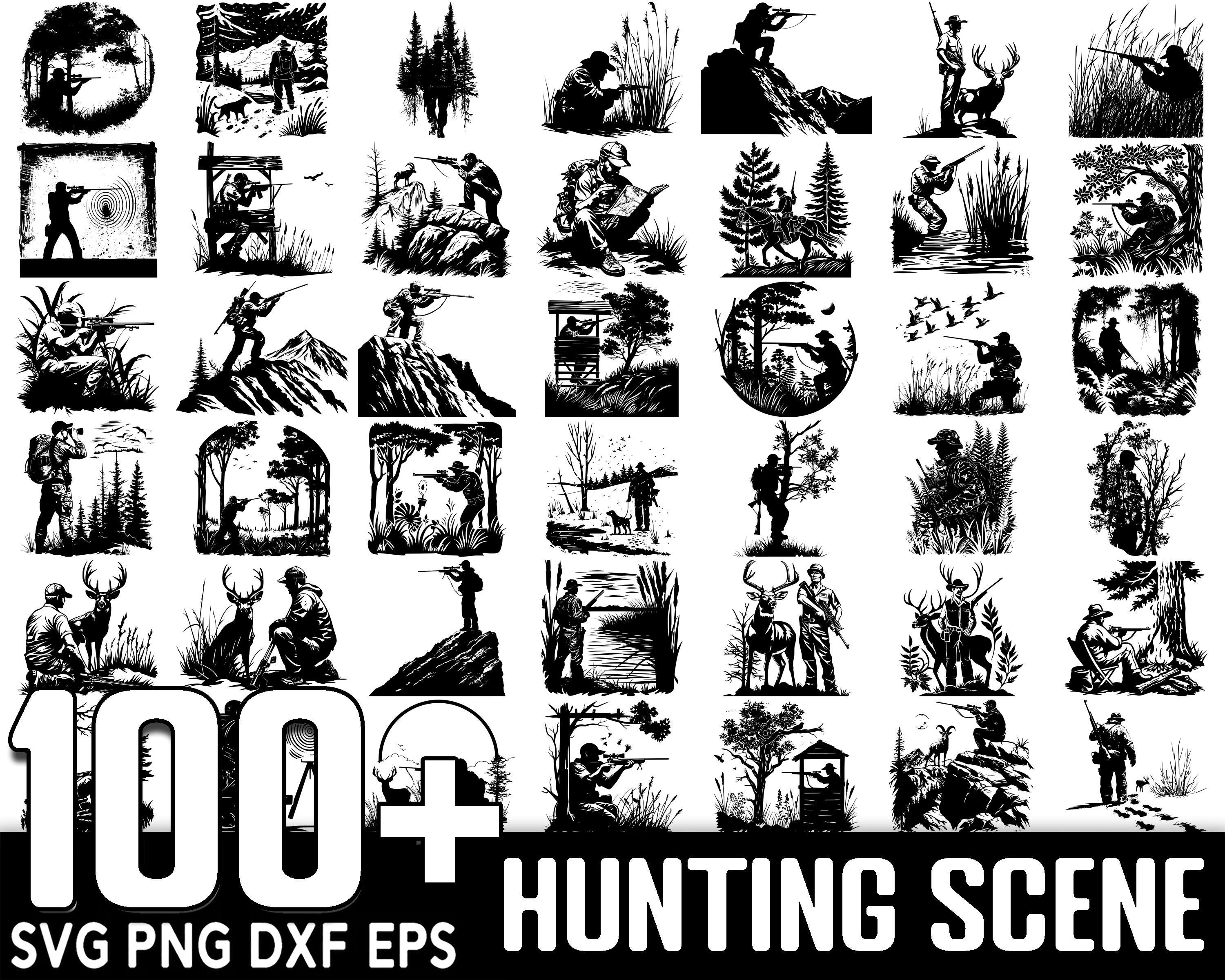 100+ Jagdszene SVG Bundle, sofortiger digitaler Download, PNG, SVG-Schnittdateien