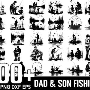 Paquete de más de 100 archivos SVG de padre e hijo pescando, descarga digital instantánea, PNG, archivos SVG de corte