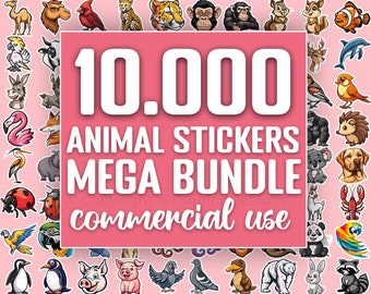 Pode incluir: Um fundo rosa apresenta uma coleção de adesivos de animais. A imagem central diz "10.000 ANIMAL STICKERS MEGA BUNDLE COMMERCIAL USE". Os adesivos incluem um morcego, um urso, um cão, uma borboleta, um peixe e muitos mais.