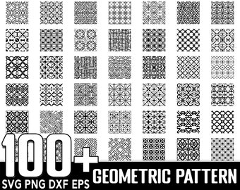May include: A set of 100+ black and white geometric patterns. The patterns are arranged in a grid and are all different. The text "100+ GEOMETRIC PATTERN" is at the bottom of the image. The text "SVG PNG DXF EPS" is at the bottom of the image.