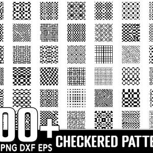 May include: A collection of 100+ black and white checkered patterns. The patterns are arranged in a grid format. The patterns are geometric and abstract.
