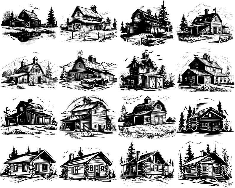 May include: A collection of 12 black and white illustrations of farmhouses and cabins. The illustrations are in a vintage style and feature various details, such as windows, doors, chimneys, and roofs. Some of the illustrations also include trees, fences, and other landscape elements.