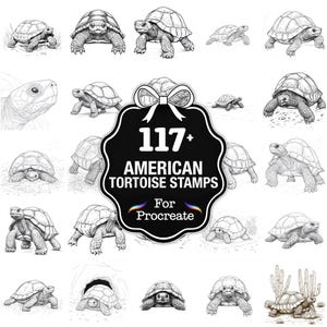 May include: A collection of 117+ American tortoise stamps for Procreate, featuring various detailed illustrations of tortoises in different poses and angles. The stamps are in black and white, suitable for digital art and design projects.