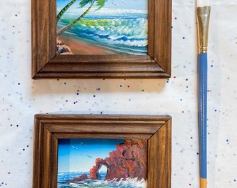 Day At The Beach Acrylic Paintings, Set of 2, Horizontal View, Miniature paintings, Framed Paintings, Sand, Ocean, Sea, Summer, Wall Decor