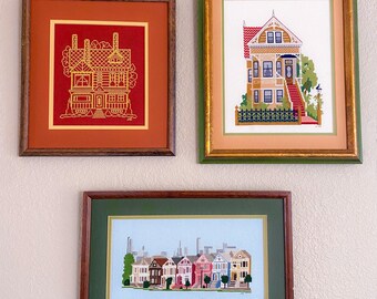 Hand Embroidered Victorian Houses, Framed,  Set of 3, Cottage Decor, Country House, Farm House, Vintage, Folk, Stitch, wall decor, hancraft