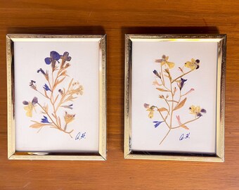 Golden Framed Dry Pressed Wild Flowers, Set of 2, Dried Flowers, Cottage Core, Country, Gold, Purple, Decor, Farm