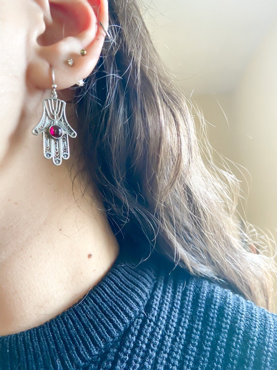 Silver And Red Garnet Dangle Earrings, Hamsa, Ste… - image 6
