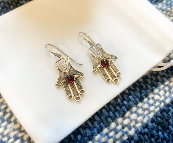 Silver And Red Garnet Dangle Earrings, Hamsa, Ste… - image 2