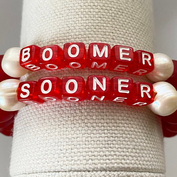 Boomer Sooner Sea Glass and Pearl Bracelets, OU Red And White Stretchy Bracelets, University of Oklahoma Jewelry, Women & Girl’s Sooner Gift