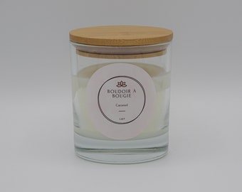 Bougie artisanale, cire de soja avec une mèche en bois et parfumée au caramel, bougie parfumée, bougie, bougie maison