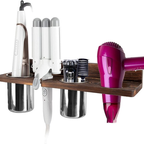 Hair Dryer Holder With 2 Cups Wooden Hot Tool Holder Bathroom - Etsy Hair Dryer Holder With 2 Cups Wooden Hot Tool Holder Bathroom - Etsy