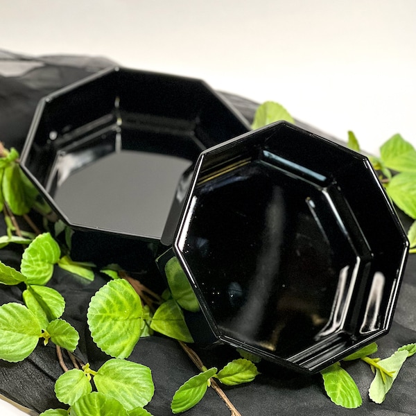 Pair of Black Glass Arcoroc Octagonal Salad or Cereal Bowls