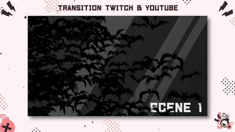 May include: Black and white transition effect with bats flying across a dark gray background with diagonal stripes. The text "SCENE 1" is at the bottom of the image.