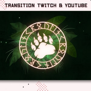 May include: A glowing white bear paw print inside a circle of runes, surrounded by green tropical leaves on a dark green background.