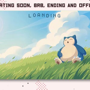 Może przedstawiać: Cyfrowa nakładka do streamingu przedstawiająca niebiesko-kremową postać Snorlax siedzącą na zielonej łące pod jasnoniebieskim niebem z chmurami. Tekst STARTING SOON, BRB, ENDING AND OFFLINE znajduje się na górze, a LOANDING jest wyśrodkowany.
