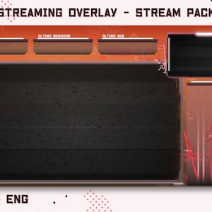 Könnte beinhalten: Eine digitale Streaming-Overlay-Vorlage mit dunkelgrauem Hintergrund, orangefarbenen und roten Akzenten und einem Bambusdesign. Das Overlay enthält Abschnitte für Bits, Follower und eine Chatbox. Der Text "STREAMING OVERLAY - STREAM PACK" befindet sich oben auf dem Overlay. Der Text "ESP & ENG" befindet sich unten auf dem Overlay.