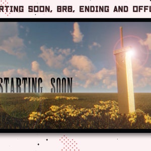 Puede incluir: Una ilustración digital de una espada grande que sobresale del suelo en un campo de flores amarillas. El cielo es azul con nubes blancas. El texto "STARTING SOON" se muestra en primer plano.