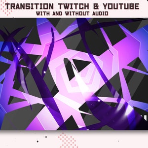 Puede incluir: Dise&ntilde;o geom&eacute;trico abstracto con colores morado, azul y negro. El dise&ntilde;o est&aacute; formado por formas y l&iacute;neas superpuestas. El texto "TRANSITION TWITCH & YOUTUBE WITH AND WITHOUT AUDIO" est&aacute; en la parte superior de la imagen.