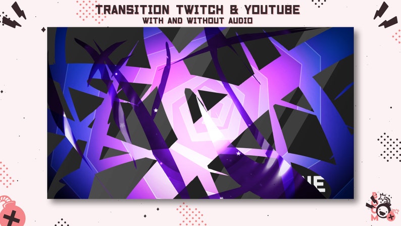 Puede incluir: Dise&ntilde;o geom&eacute;trico abstracto con colores morado, azul y negro. El dise&ntilde;o est&aacute; formado por formas y l&iacute;neas superpuestas. El texto "TRANSITION TWITCH & YOUTUBE WITH AND WITHOUT AUDIO" est&aacute; en la parte superior de la imagen.