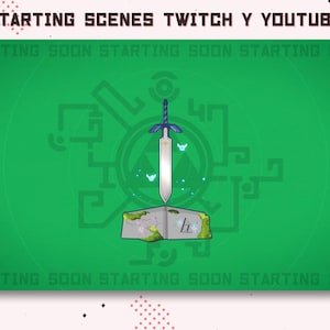 Peut inclure: Un écran vert avec une épée stylisée et une carte de la série de jeux vidéo The Legend of Zelda. Le texte "STARTING SOON STARTING SOON STARTING SOON" est en haut et en bas de l'écran.