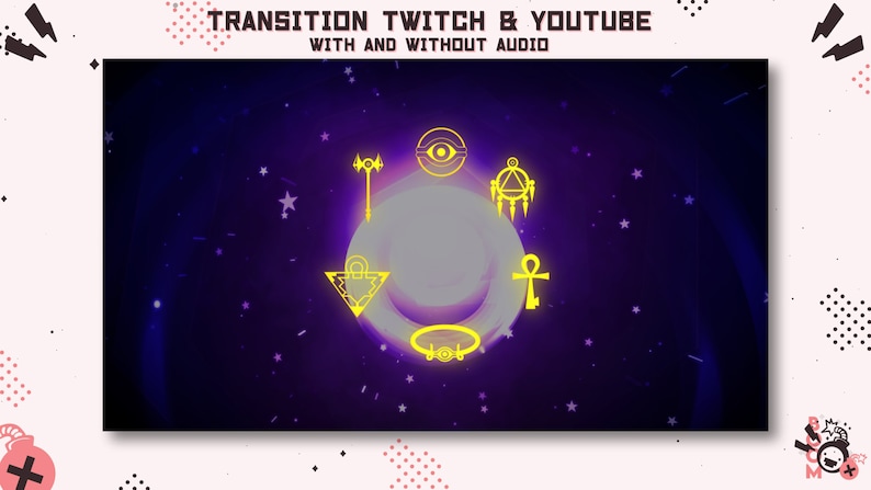 Puede incluir: Un fondo morado y negro con un c&iacute;rculo blanco en el centro. El c&iacute;rculo est&aacute; rodeado de seis s&iacute;mbolos amarillos, incluyendo un ojo, una llave, un tri&aacute;ngulo y un ankh. El texto "TRANSITION TWITCH & YOUTUBE WITH AND WITHOUT AUDIO" est&aacute; en la parte superior de la imagen.