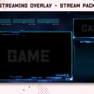 Puede incluir: Una superposición de streaming azul y verde con un diseño digital. La superposición tiene secciones para un juego, una fuente de cámara y actualizaciones de redes sociales. El texto "GAME" se muestra en el centro de la superposición.