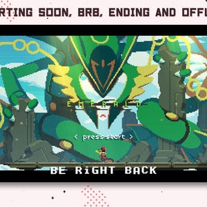 Könnte beinhalten: Ein pixeliger Videospielbildschirm mit einem grünen und gelben Roboter im Hintergrund. Der Text "EMERALD" wird auf dem Bildschirm angezeigt. Der Text "< press start >" und "BE RIGHT BACK" wird ebenfalls auf dem Bildschirm angezeigt.