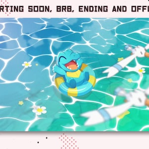 Peut inclure: Image animée d'un alligator bleu de dessin animé dans un anneau gonflable jaune et bleu flottant dans l'eau. L'eau est bleu clair avec des reflets blancs. Le texte en haut indique "STARTING SOON, BRB, ENDING AND OFFLINE".