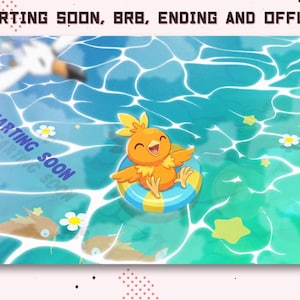 May include: A digital illustration featuring a small orange bird-like creature floating in a blue swimming pool on a striped inner tube. The text STARTING SOON, BRB, ENDING AND OFFLINE appears at the top, with STARTING SOON repeated on the water surface.