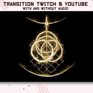 May include: A golden glowing symbol with three overlapping circles and a vertical line, on a black background. The text "TRANSITION TWITCH & YOUTUBE WITH AND WITHOUT AUDIO" is above the symbol.