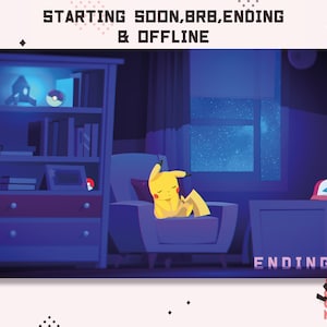 Könnte beinhalten: Eine gelbe Comicfigur, die einem Pikachu ähnelt, sitzt in einem blauen Sessel in einem dunklen Raum. Der Raum hat ein Bücherregal mit verschiedenen Gegenständen in den Regalen, ein Fenster mit einem sternenklaren Nachthimmel und einen blauen Tisch mit einer rot-weißen Baseballkappe darauf. Der Text "STARTING SOON, BRB, ENDING & OFFLINE" befindet sich oben im Bild, und der Text "ENDING..." befindet sich unten im Bild.