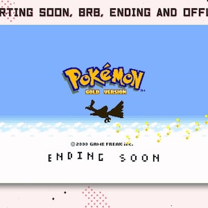 May include: A digital graphic featuring the Pokemon Gold Version logo in blue and yellow, with a black silhouette of Ho-Oh flying against a light blue sky and white clouds. The text reads STARTING SOON, BRB, ENDING AND OFFLINE and ENDING SOON.