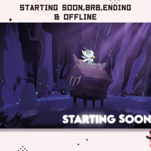 Peut inclure: Une illustration numérique d'un oiseau blanc avec un bec jaune assis sur une plateforme en bois dans une forêt sombre. Le texte "STARTING SOON..." est affiché en bas de l'image.