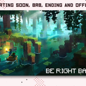 Peut inclure: Une image pixelisée d'un marais vert et bleu avec un petit bateau et une personne tenant une torche. Le texte "STARTING SOON, BRB, ENDING AND OFFLINE" est en haut de l'image et le texte "BE RIGHT BACK" est en bas de l'image.
