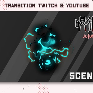 May include: A black and white animated transition with a blue and white energy effect. The text "呪術廻戦" (Jujutsu Kaisen) is in the upper right corner. The text "SCENE 1" is in the lower right corner.