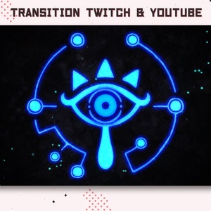 May include: A digital graphic with the text "TRANSITION TWITCH & YOUTUBE" at the top. The central design is a glowing blue eye symbol on a black background, with a network of connected circles and lines. The overall theme is gaming.