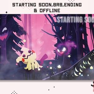 Peut inclure: Une illustration numérique de deux personnages de Pokemon fantomatiques de dessin animé dans une forêt rose et violette. Le texte "STARTING SOON, BRB, ENDING & OFFLINE" est en haut de l'image. Le texte "STARTING SOON..." est en bas de l'image.
