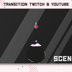 May include: A black cauldron with white smoke rising from it. A small red potion bottle falls from the top of the image into the cauldron. The background is black with diagonal gray stripes. The text "SCENE 1" is in white at the bottom right of the image.