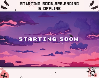Geanimeerde Twitch-schermen met kraaien in de lucht / Stream begint binnenkort / Terug naar stream / Stream eindigt / Stream offline / Gamer / Pixelkunst / Kawaii