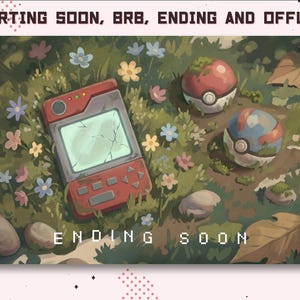 Op de afbeelding: Een digitale illustratie met een rood handheld apparaat met een gebarsten scherm, twee bolvormige containers en kleine kleurrijke bloemen in groen gras. De tekst STARTING SOON, BRB, ENDING AND OFFLINE en ENDING SOON is zichtbaar.