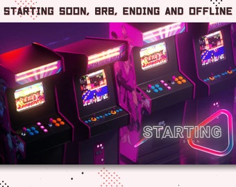May include: A retro-style arcade game screen with the text "STARTING SOON" in a neon pink triangle. The screen is surrounded by four arcade cabinets with pixelated game screens.