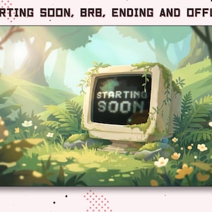 May include: A digital illustration of an old beige computer monitor sitting in a lush green forest. The screen displays the text STARTING SOON in a pixelated font. The monitor is partially covered in green vines and surrounded by grass and flowers.
