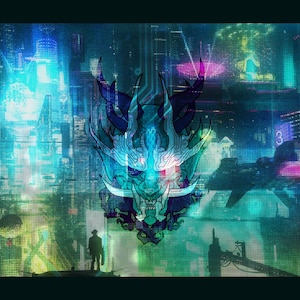 May include: A blue and green digital illustration of a dragon's head with a futuristic cityscape background. The dragon head has sharp teeth and horns, and its eyes glow red.