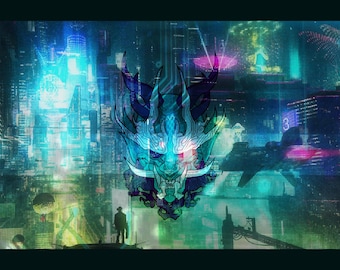 May include: A blue and green digital illustration of a dragon's head with a futuristic cityscape background. The dragon head has sharp teeth and horns, and its eyes glow red.