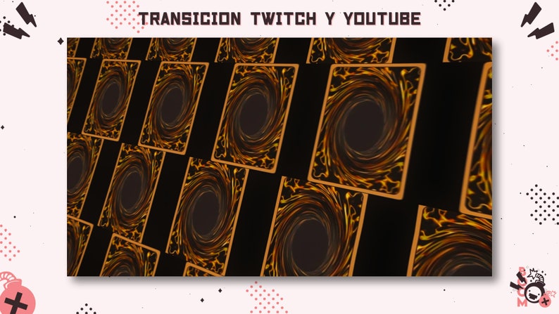 May include: A repeating pattern of dark brown and gold cards with a black spiral design. The text "TRANSICION TWITCH Y YOUTUBE" is at the top of the image.