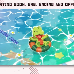 Pode incluir: Uma ilustração digital com um lagarto verde de desenho animado flutuando numa boia às riscas sobre água azul. O texto STARTING SOON, BRB, ENDING AND OFFLINE aparece no topo, com STARTING SOON repetido a azul no lado esquerdo da água.