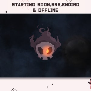 May include: A dark background with a skull-like image in the centre. The skull is surrounded by a purple flame-like shape. The text "STARTING SOON, BRB, ENDING & OFFLINE" is at the top of the image.
