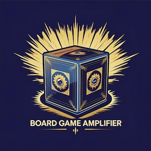 May include: A stylized illustration of a blue cube with gold accents and a radiating gold burst on a dark blue background. The cube has circular designs and the text "BOARD GAME AMPLIFIER" is at the bottom.
